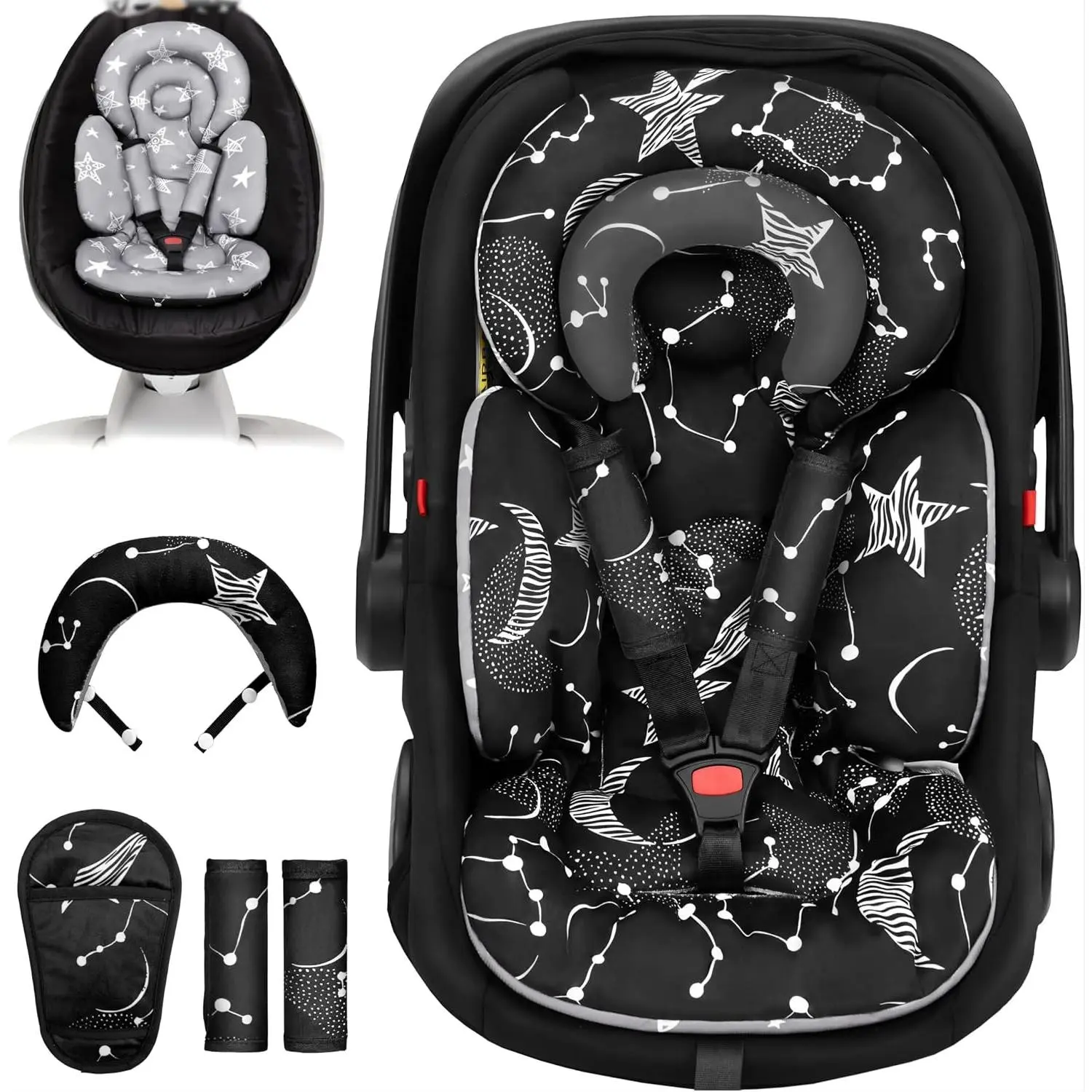 Reversible Infant Car Seat Insert with Removable Cushion for Preemie to Toddler, Newborn Head and Body Support, Fits Stroller, Baby Swing, Bouncer - Black StarGift