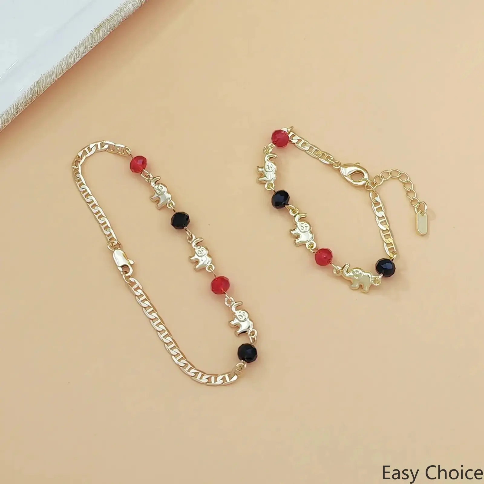 Women's Gold Plated Beaded Bracelet With Elephant Charm, Colorful Fashion Wrist Accessory, Elegant Jewelry For Daily Wear & Party Matching