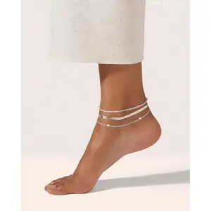 Women's Silver Ankle Bracelets, Dainty Layered Waterproof Herringbone Beaded Rope Chain Set, Adjustable Sparkly Anklets