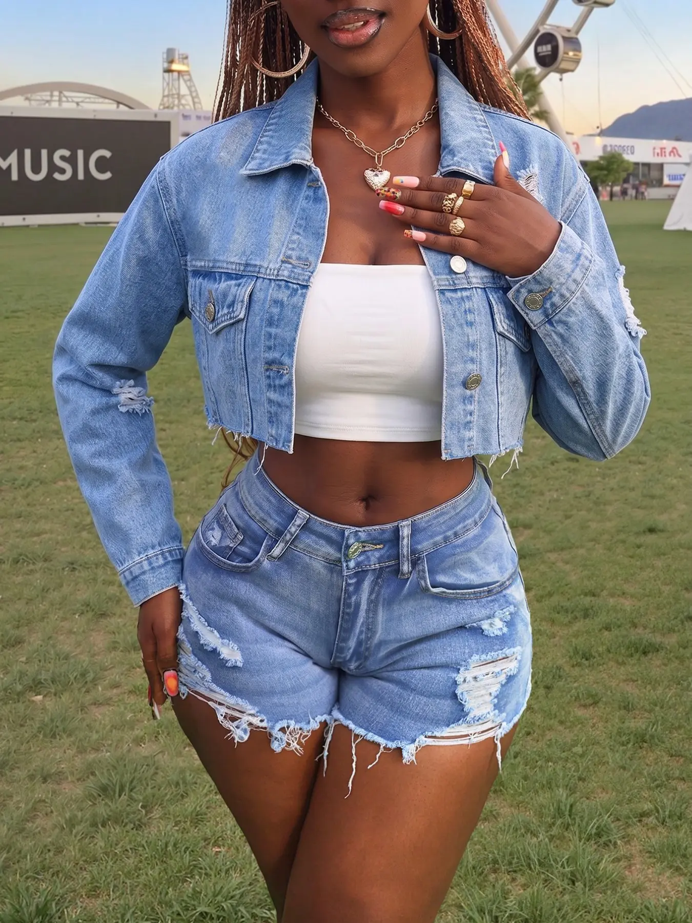 Women's Light Wash Long Sleeve Denim Jacket, Distressed Ripped Raw Hem, Cropped Casual Y2K Streetwear, Festival Concert Daily Wear