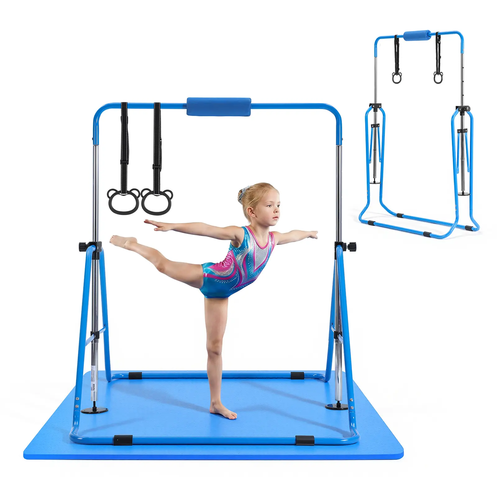 Gymnastic Bars for Kids, 140 lbs Capacity Folding Training Kip Bar with Mat, Adjustable Height Gymnastic Horizontal Bar for Home, Training Equipment for Indoor Outdoor, Easy to Assemble