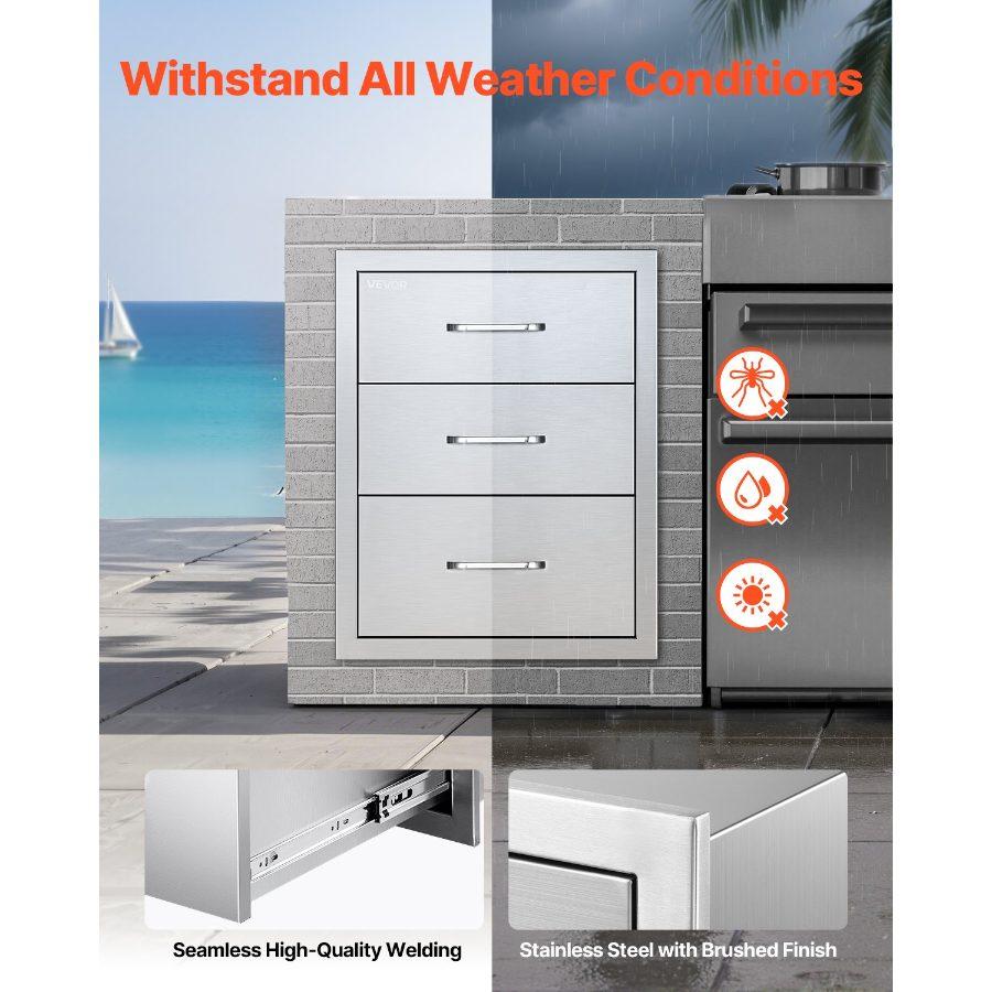 VEVOR Outdoor Kitchen Drawers 18.11 Wx 23.23 Dx 23.23 H, Triple-Access Stainless Steel Modular Drawer Cabinet with Handles, BBQ Island Drawer for Outdoor Kitchen BBQ Island Patio Grill Station