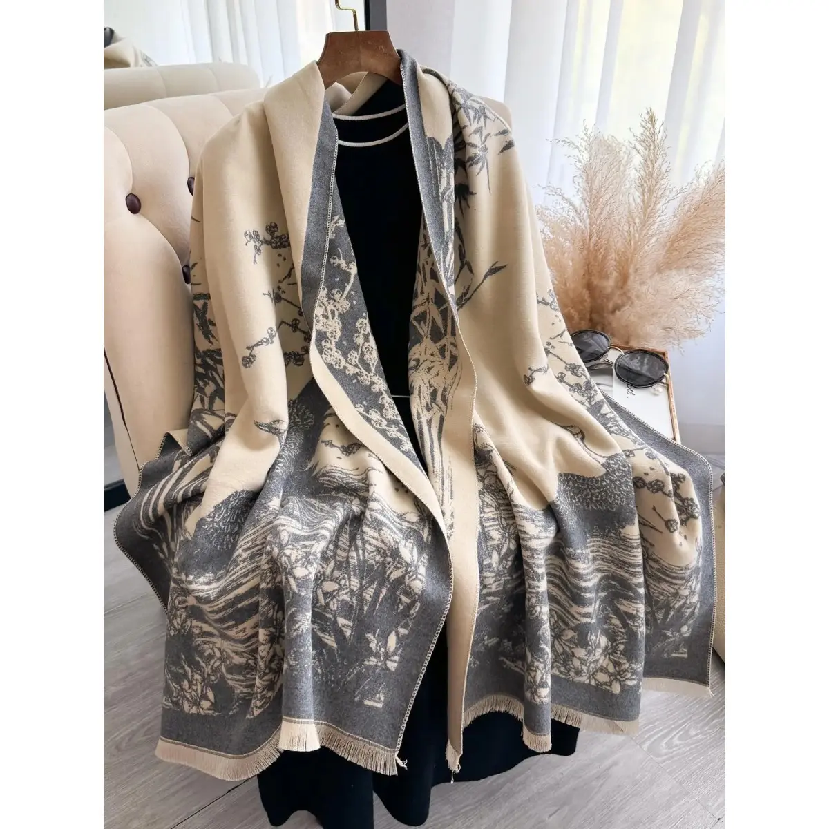 Women's Boho Wrap Shawl in Soft Tencel Blend, Double-Sided Landscape Print, Open Front Fall Cover-Up, 1 Size, Italian Look, Plain, One Size, Fashion