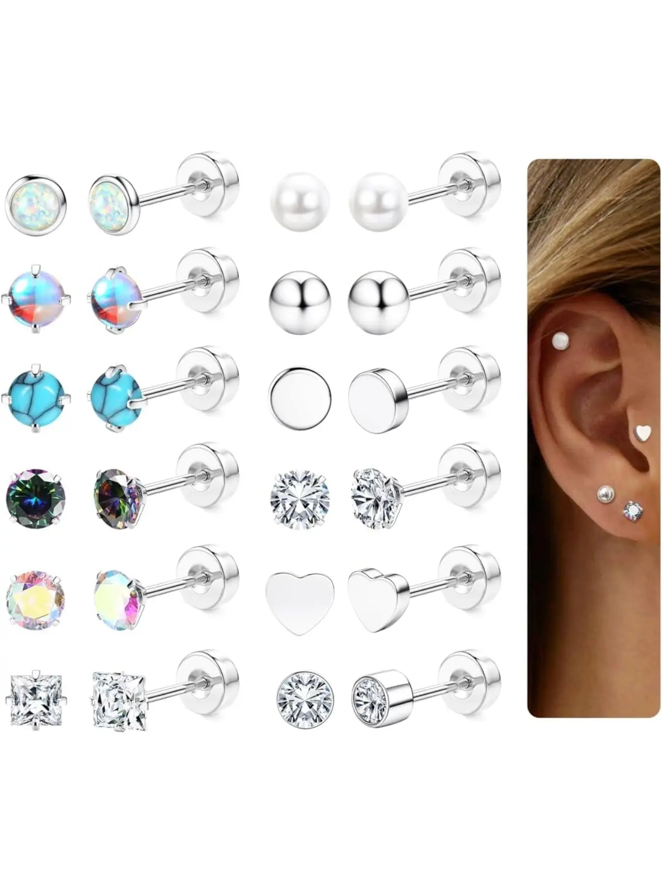12 Pairs Flat Back Earrings, Surgical Steel Studs for Women Men, Hypoallergenic 20g Cartilage Earrings, Moonstone Opal Cz Turquoise Sleeper Earrings