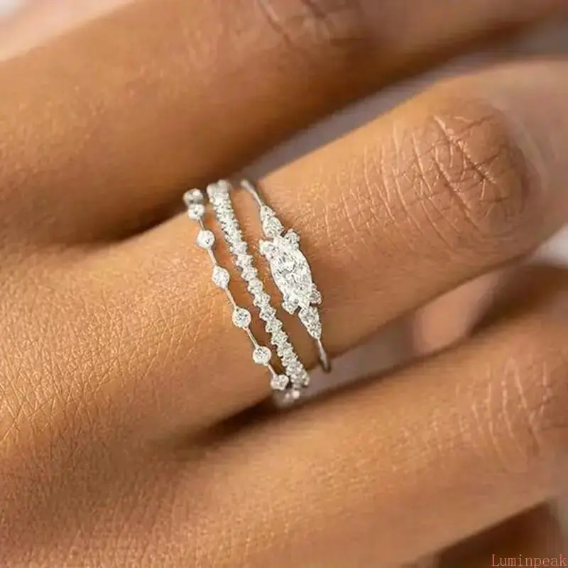 Women's Minimalist Stacking CZ Ring Set, Dainty Marquise-Cut Cubic Zirconia, Lightweight Elegant Casual Female Daily Wear Jewelry, Gold-Silver Tones, Elegant Casual Ring