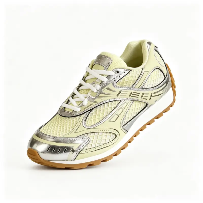 Unisex Pale Yellow Silver Metallic Mesh Retro Lace-Up Sneakers, Lightweight Treaded Gum Sole, Summer Breathable Vintage Casual Running Trainers