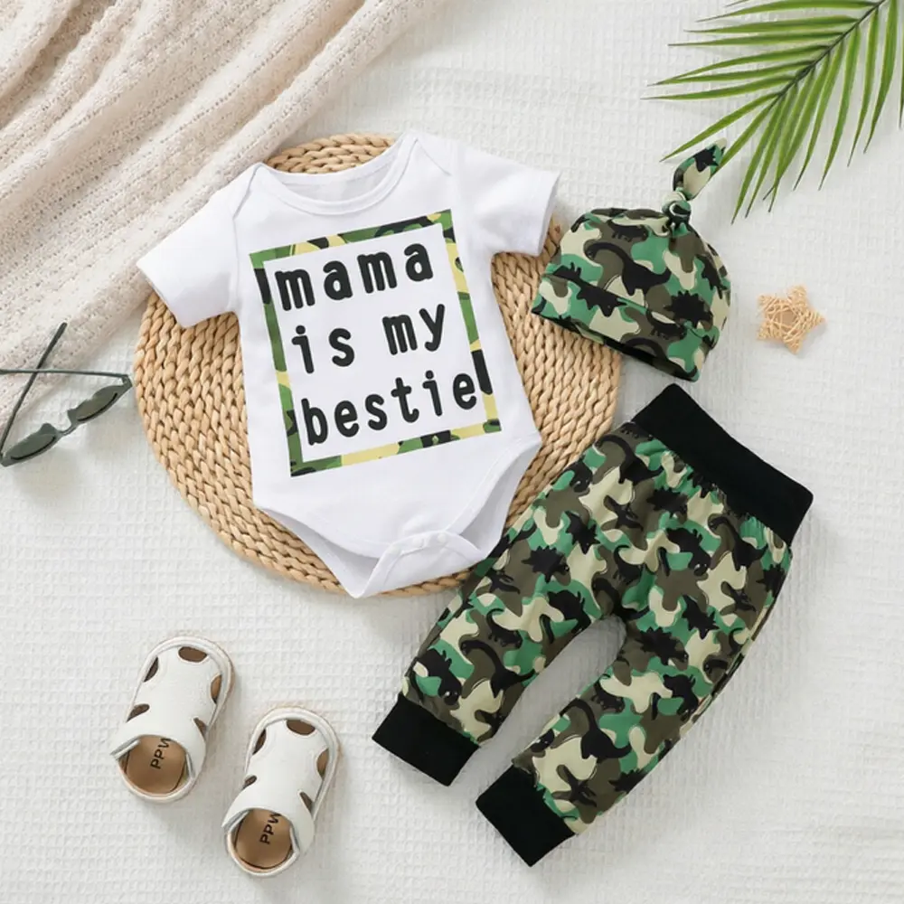 Newborn Baby Boy 3-Piece Cotton Lycra Romper Set - Letter Printed Short Sleeve Triangle Bodysuit, Camouflage Long Pants, Hat for Outdoor Use, Baby Boy Clothes