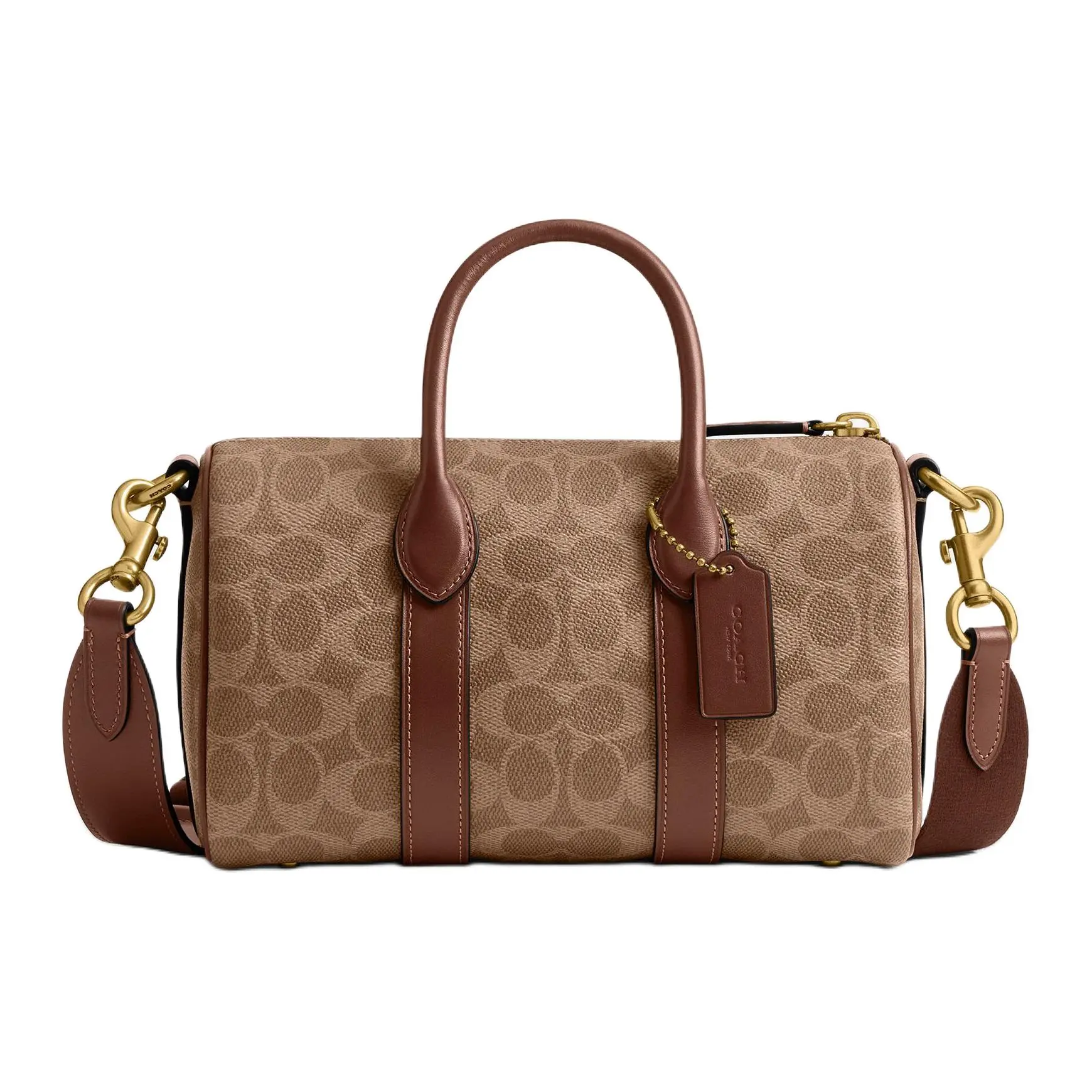 COACH Compass 25 Zip Top Handle Bag – Unisex Medium Crossbody Tote in Tan Brown Monogram Synthetic Leather