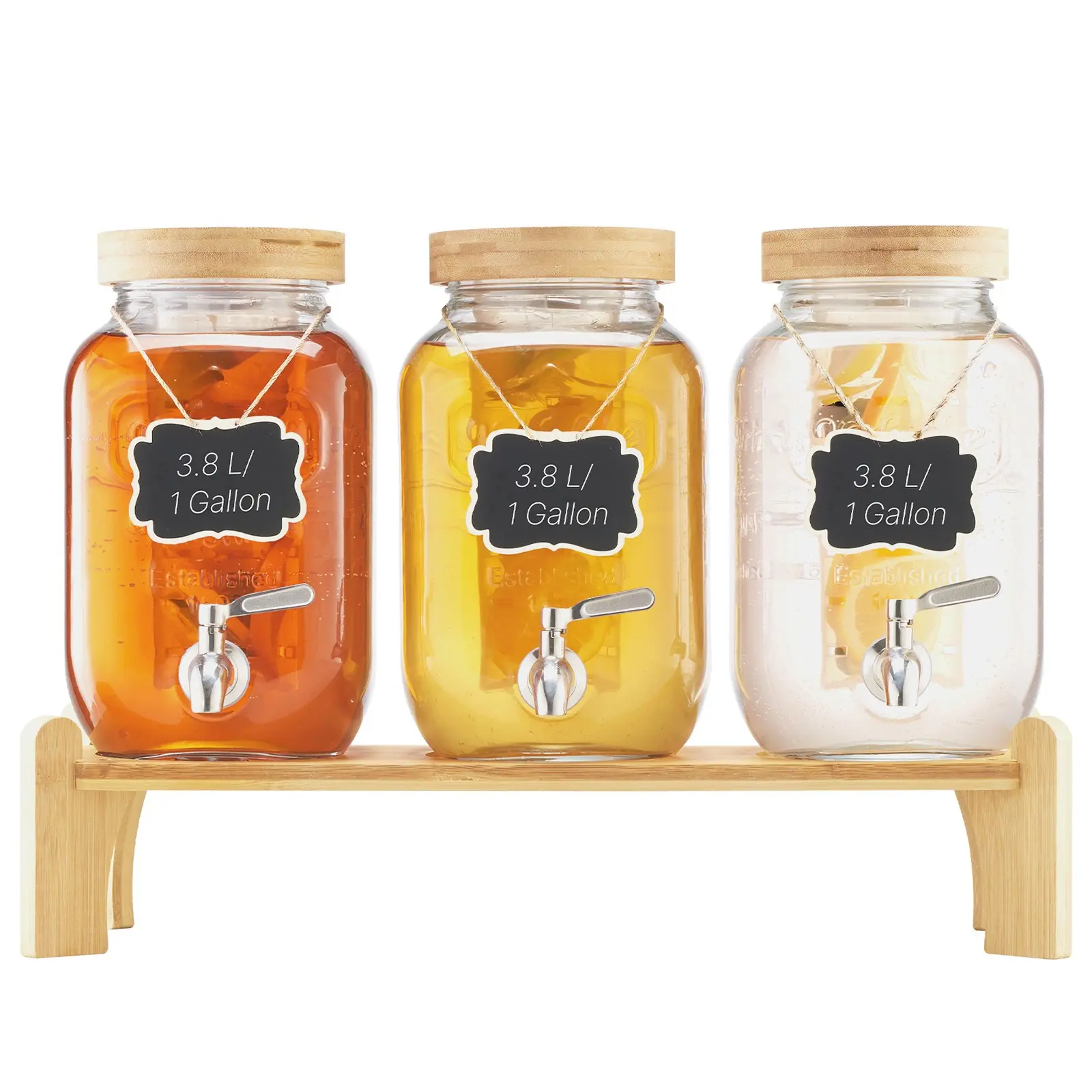 Beverage Dispenser, 3 Pack 1 Gallon Drink Dispensers for Parties, Glass Juice Dispenser with Wood Stand, Stainless Steel Spigot, Infuser, Iced Tea Lemonade Juice Water Dispensers for Parties