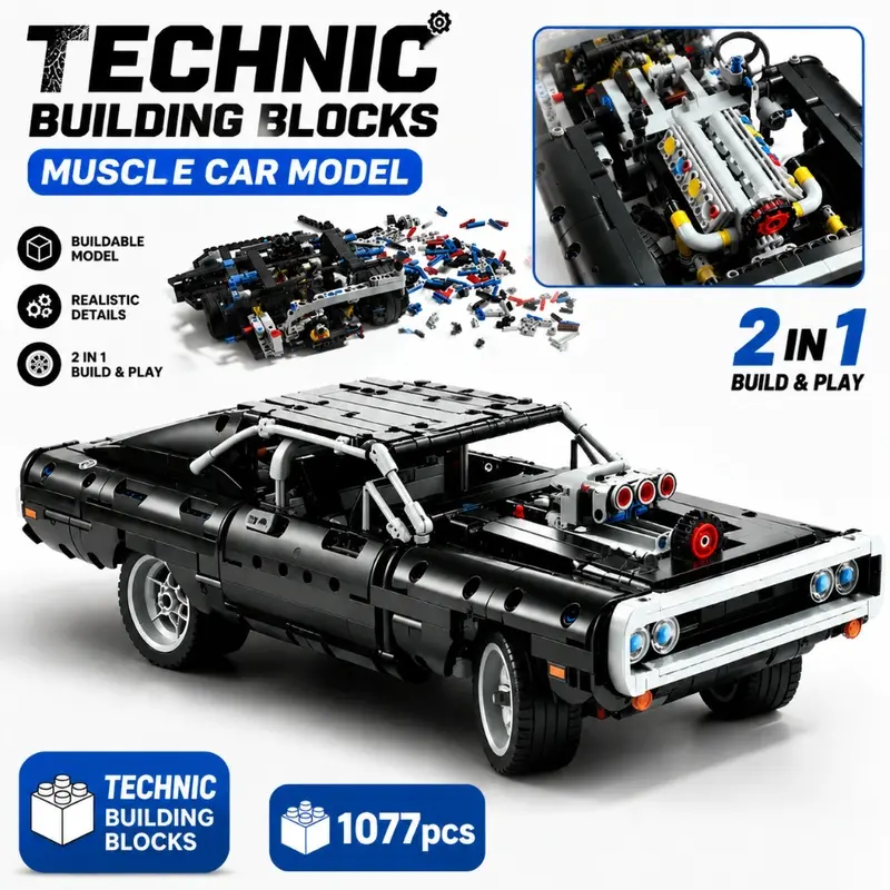 2026 Technical Dodge Charger Race Car Building Kit, 1077 PCS Inspired Muscle Car Bricks, Collectible DIY Construction Toy, Holiday Birthday Present for Children and Adult Vehicle Model Fans
