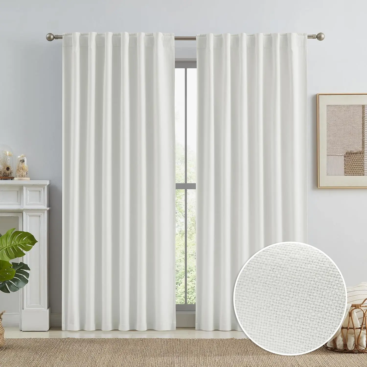 2 Panels Polyester/Linen Textured Thermal Insulated Window Cover, Rod Pocket-Back Tab-Hook Belt Privacy Dark Curtains with Farmhouse Look for Bedroom, Ivory (50x90in), Blackout Window Cover, Dark Curtains Blackout
