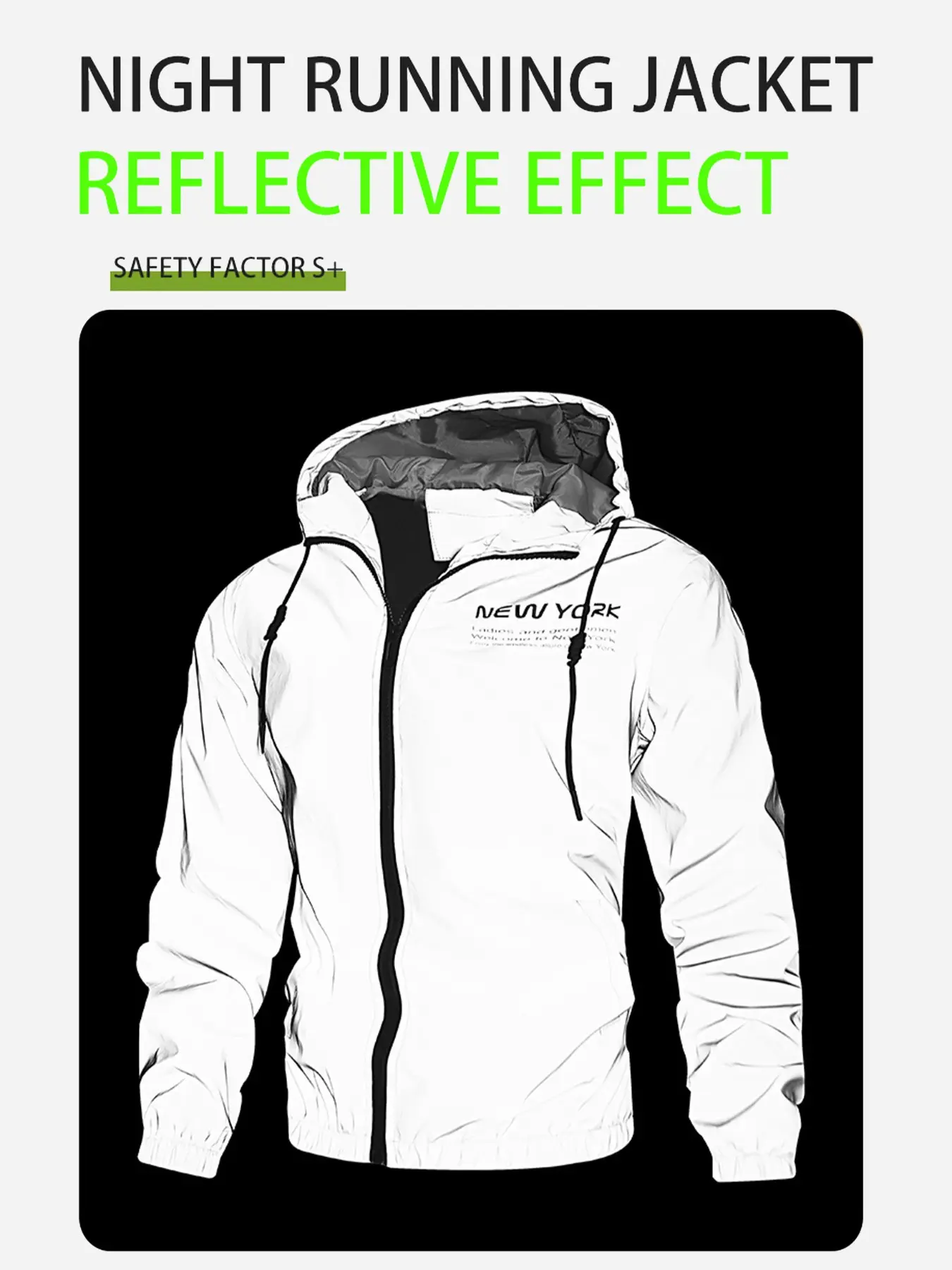 Men's Reflective Night Running Hooded Windbreaker Jacket, New York Letter Print, Zipper Design, Lightweight, Quick-Dry, Breathable