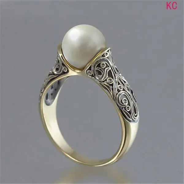 14K Gold Plated Ring Inlaid Artificial ABS Pearls, Vintage Silver Tone Finger Jewelry For Daily Styling