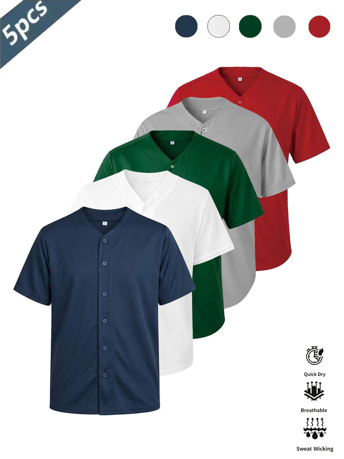 Unisex Blank Baseball Jersey 5Pcs Solid Color Short Sleeve Button Up Sweat Wicking Athletic Team Dry Fit Shirt for Men Women Daily Wear