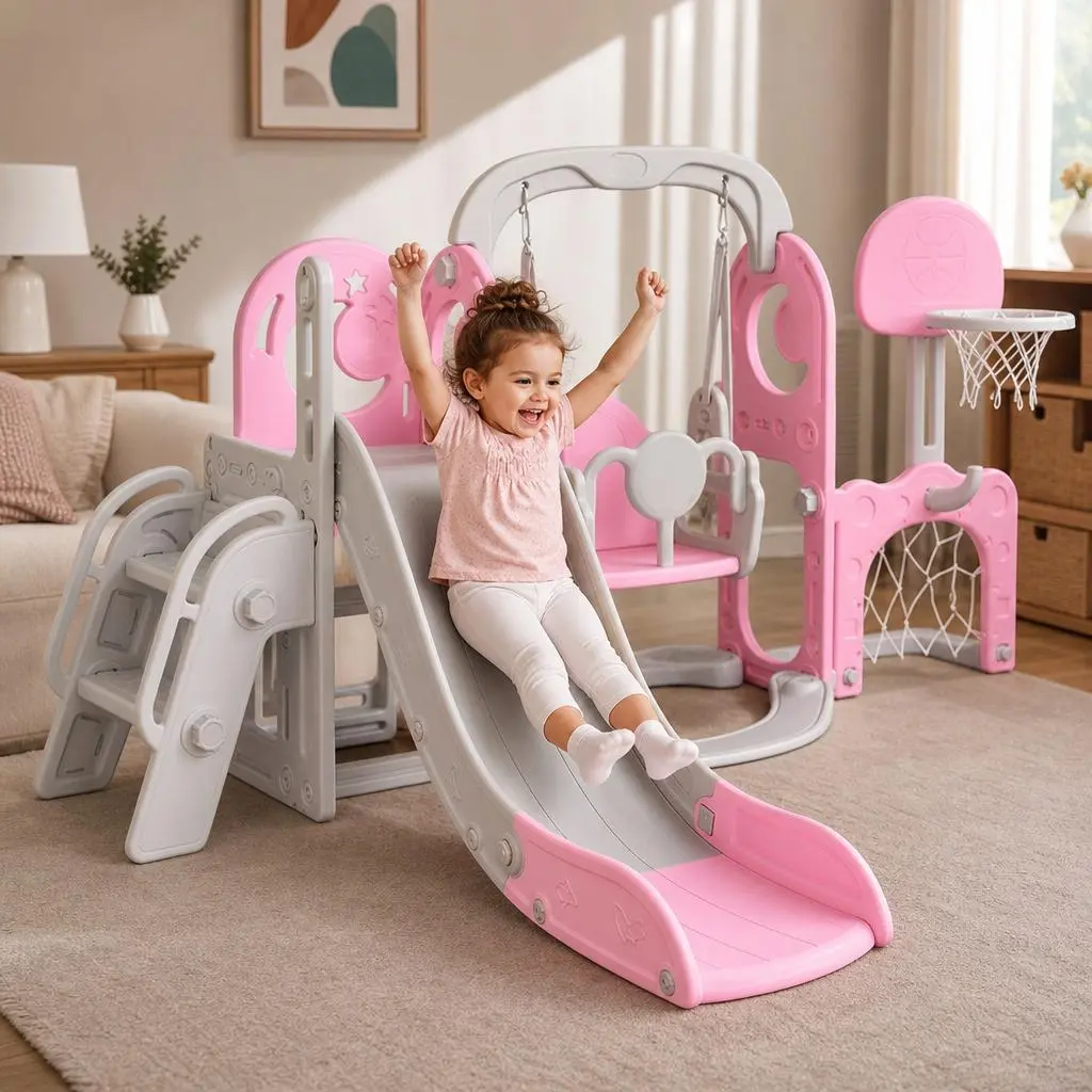 Plastic 5-in-1 Multi-Use Toddler Toys Slide and Swing Set - Anti-Slip Climber Stairs, Basketball Hoop, Soccer Goal, Ring Toss for Indoor Outdoor Backyard Outdoor Fun