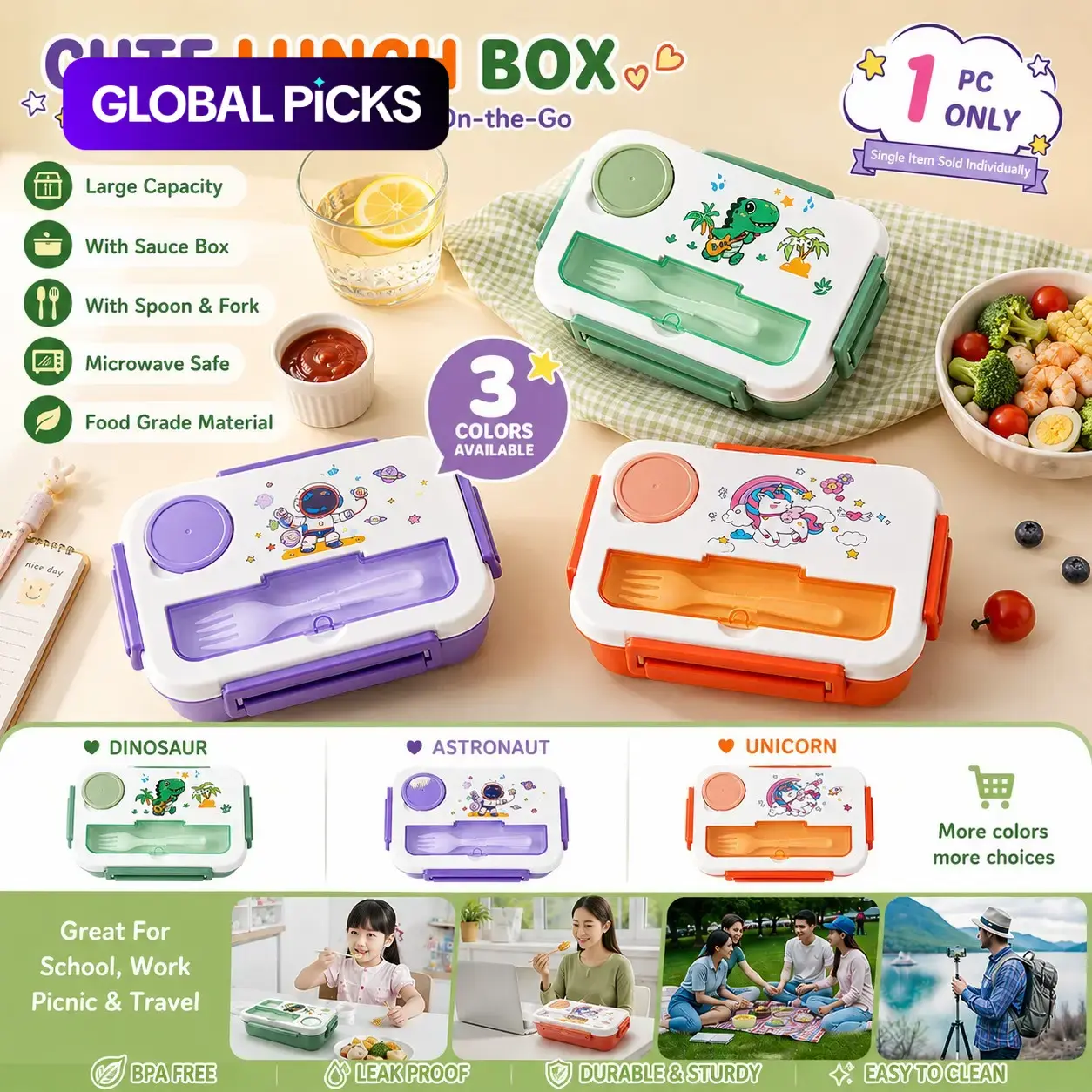 Personalized Lunch Box, Portable Lightweight Microwavable Bento Box, Cute Cartoon Student Lunch Box, Microwave Safe, Includes Sauce Container and Utensils, Dinosaur, Unicorn, Astronaut Designs, Kids #GLOBAL PICKS