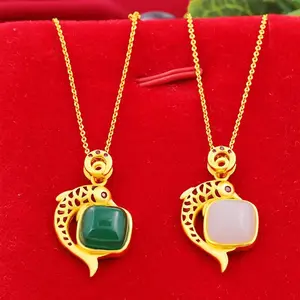 Beautiful Meaning Jade Inlaid Fish Pendant For Women 24K Gold AU999 | Wealth and surplus, peace and smoothness