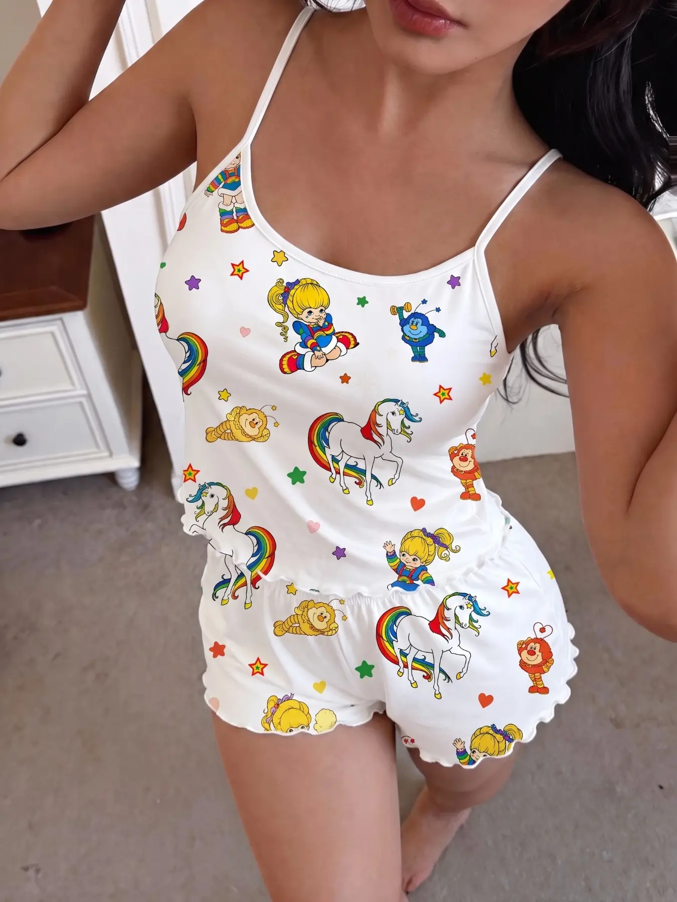 Summer Women's Pajama Set, 2-Piece Sleeveless Sleepwear, Casual Rainbow Print, Comfortable Home, Can Be Worn Outside