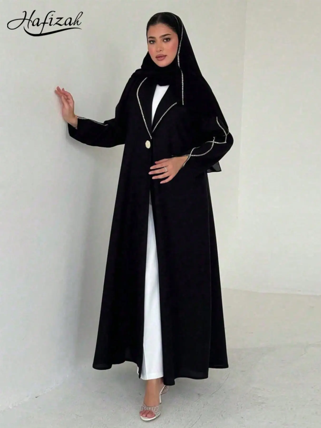 Hafizah Suit Collar Embroidered Long Collared Cover Up Cardigan Scarf Set, Lightweight Luxury Flowy Casual Women's Outerwear, Two-Piece Set