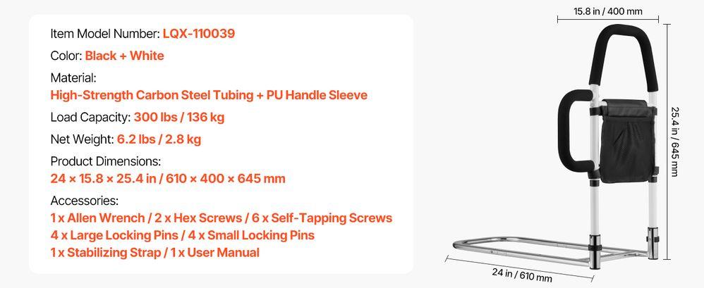 Bed Rail for Elderly, Bedside Assist Rails with Side Handle and PU Handrail, Adjustable Height Carbon Steel Pipe Bedside Cane, Bed Bars for Seniors & Patients, Fits King, Queen, Full, Twin