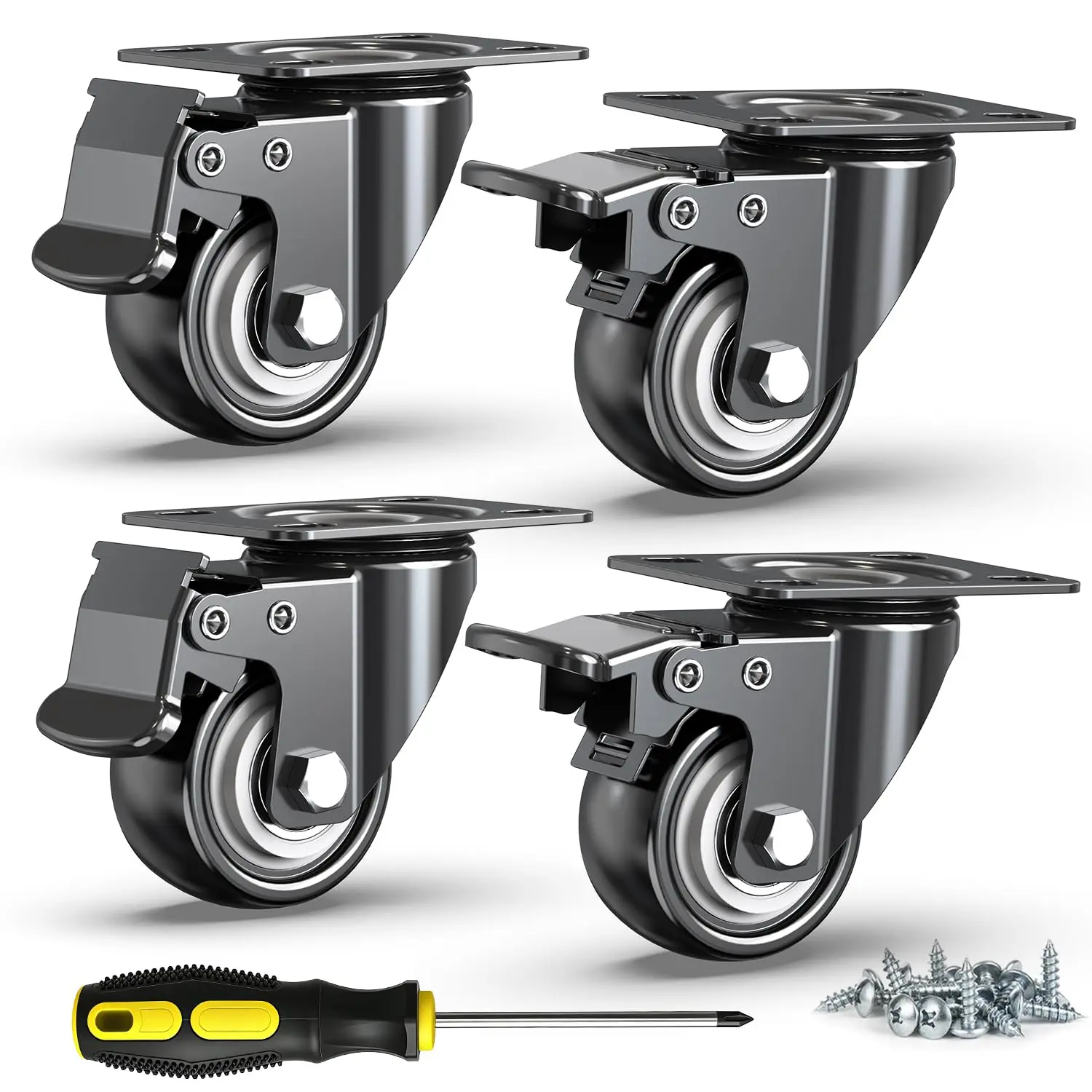 2 Inch Heavy Duty Caster Wheels Set of 4, Load Capacity 600 lbs Swivel Plate Casters with   Lock , Noiseless Non-Marring PU Wheels for Workbench, Furniture, Cart, Hardwood Floor