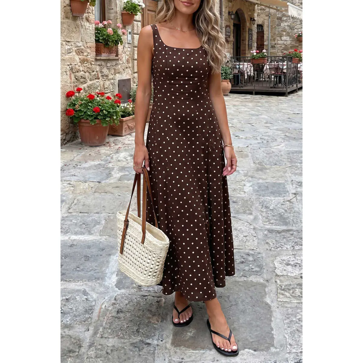 Women's Elegant Polka Dot Sleeveless Square Neck Long Dress - Casual Country Look 100% Viscose Breathable Full-Length Gown