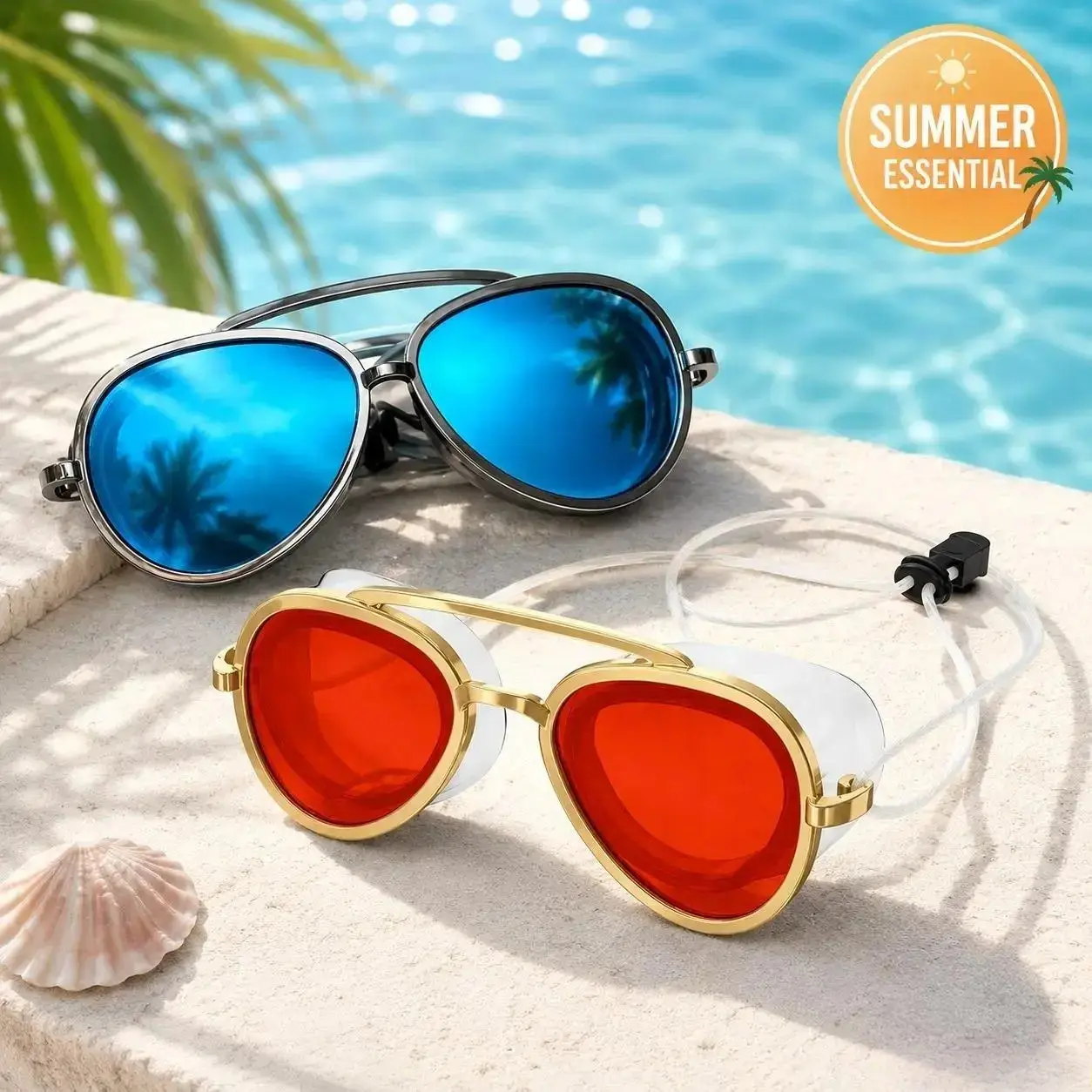 Unisex 2-in-1 Polarized Goggles for Swimming & Sunglasses - Aesthetic Gold Frame, UV400 Protection Lens, Anti-Fog, 180° Panoramic View, Leak-Proof Silicone Seal, Adjustable Strap for Beach