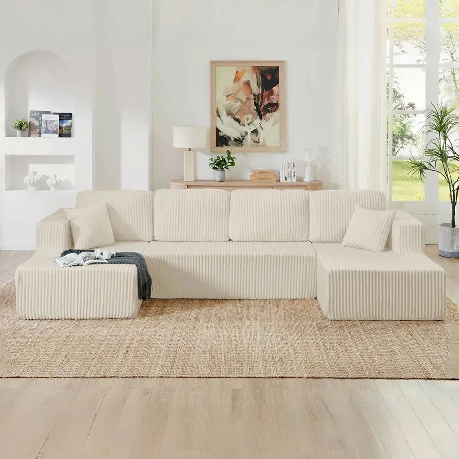 132'' U-Shape Modular Cloud Corduroy Sofa - Modern And Suitable Living Room, Comfortable, Living Room Combination Sofa, No Assembly Needed, Popular Boneless Sectional Couch With-Sealed Compression Sofa
