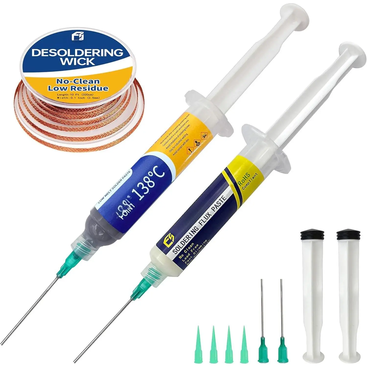 Sn42/Bi58 Lead Free Solder Paste (30g) & No Clean Soldering Flux(10cc) & Soler Wick for  Soldering, SMD/SMT Remove