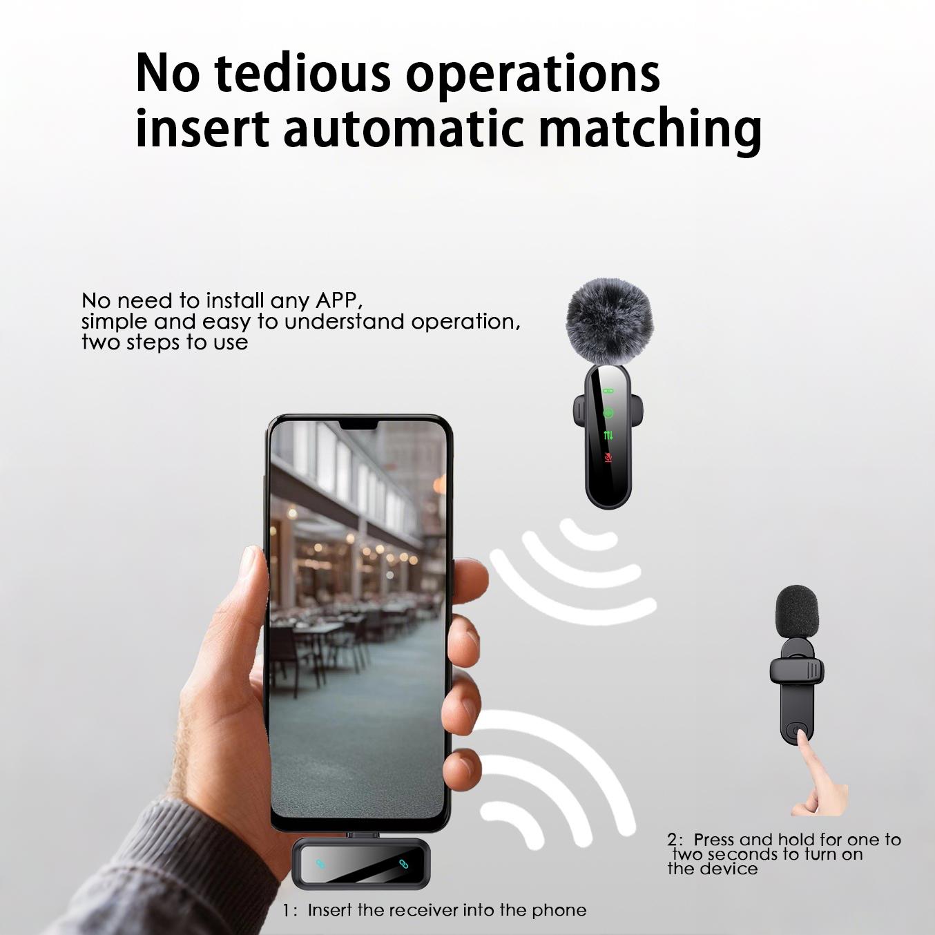 Professional Wireless Lavalier Microphone for iPhone, Android -, Mini Microphone with Status Display, Rechargeable Lapel Mic, Crystal Clear Sound Quality for Recording, Live Streaming, Vlog, TikTok