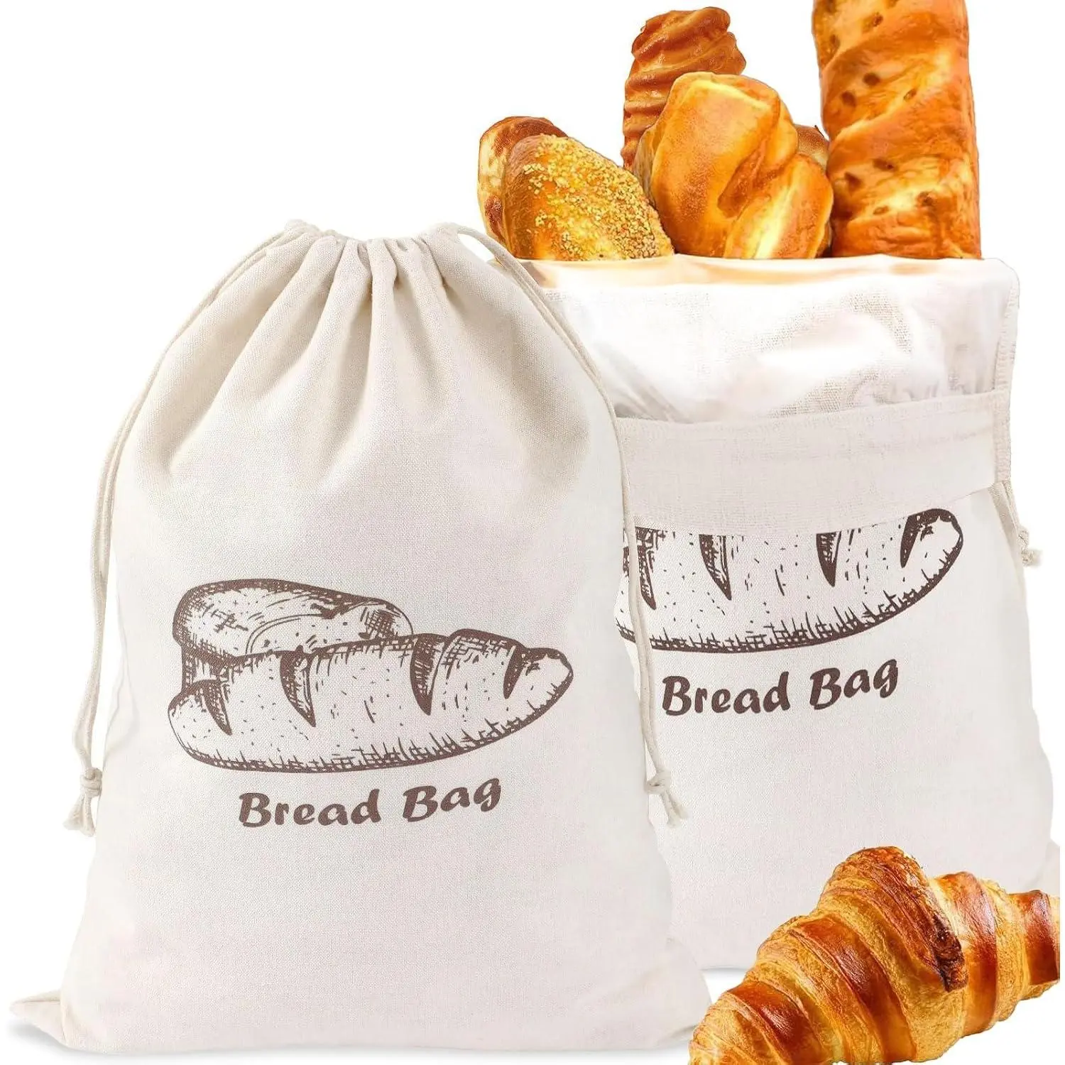 Bread Bag with Inside Lining, 2 Pack  Linen Bread Storage Bags, 11.75" x 11.5" Homemade Bun Container, Double Drawstring Closure for Fruit and Baguette, Artisan Bread Storage