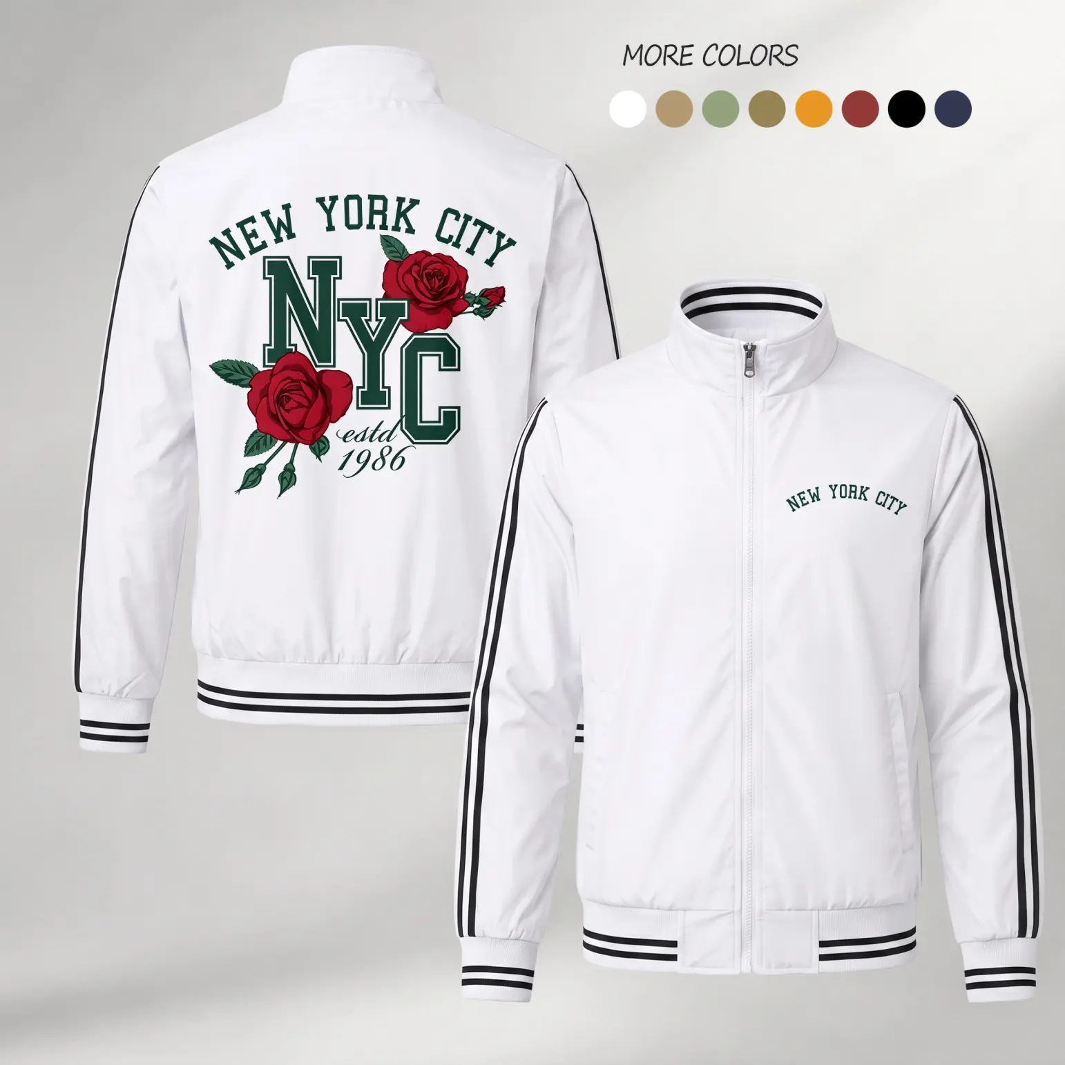 Men's NYC Lightweight Zip-Up Track Jacket - Menswear Tops, Stand Collar Ribbed Sports Outerwear, Front Chest & Back Rose Graphic Stripe Fabric Coat for Spring Fall Daily Wear, Sporty, Classic, Male, Long Sleeve