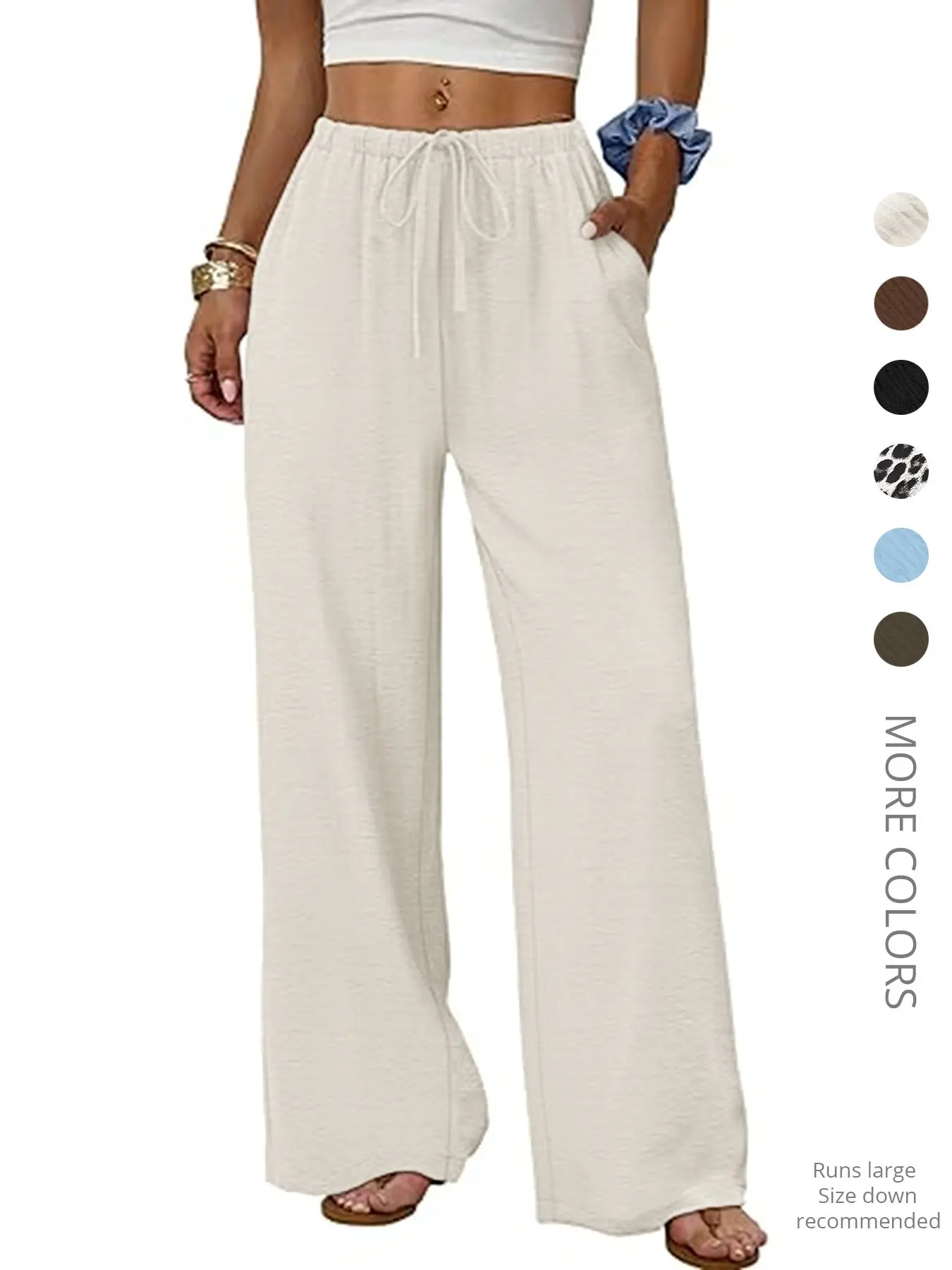 Wide Leg Baggy Pants Women Flowy Palazzo Drawstring Elastic Waist Trousers Lounge Pants with Pockets