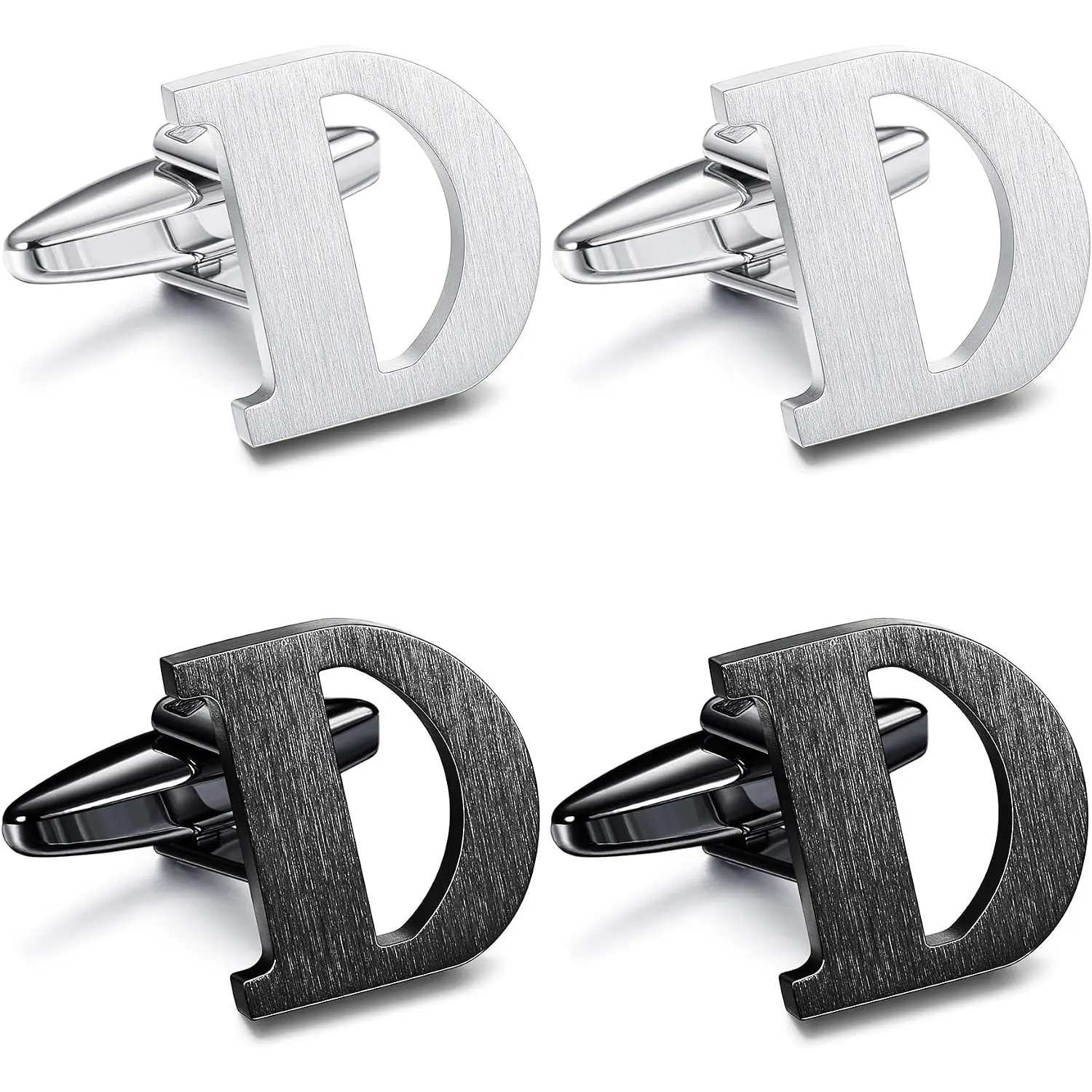 4Pcs Initial Letter D Cufflinks for Men, Brushed Stainless Steel Silver Black Cuff Links, Personalized Alphabet Cufflinks for Wedding Business Formal Shirts
