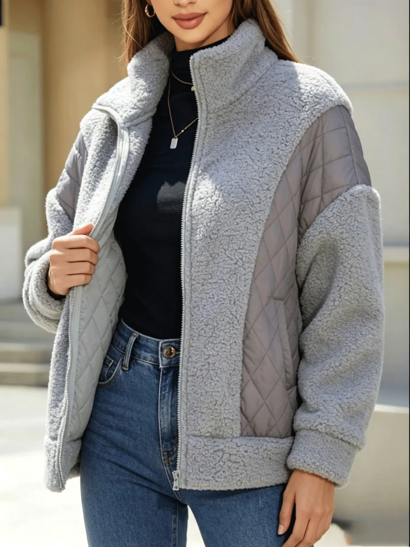 Women's Fall Winter Fashion Long Sleeve Zipper Patchwork Coat Jackets, Casual Fitted Outerwear, Unlined