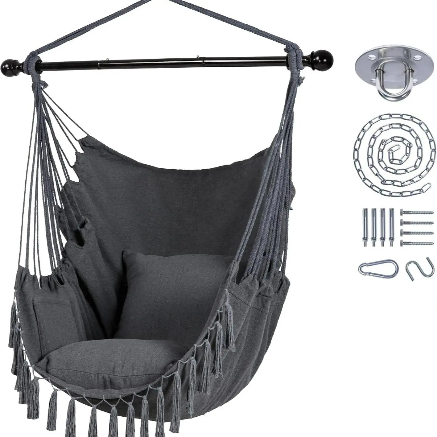 Swing Chair Hanging Rope Swing, Max 500 Lbs, Includes 2 Cushions, Large Fringe Swing Chair, Cotton Woven, Durable, Bedroom, Patio, Garden, Outdoor Swings