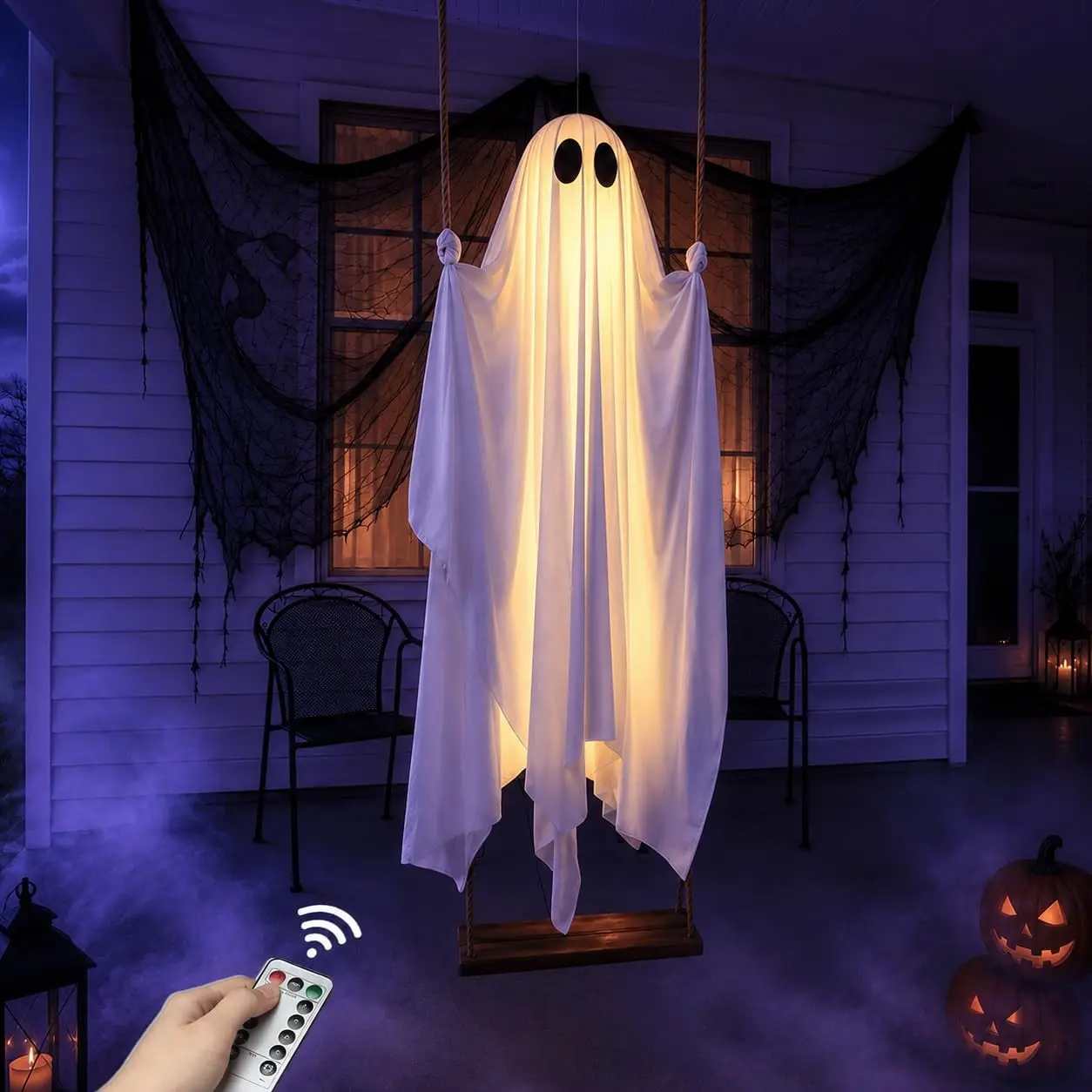 Outdoor Halloween Decoration, 5-Foot Large Spooky Hanging Ghost Swing with Remote String Lights, Terror Ghost Party Decor for Trees, Porch, Garden（Does not contain batteries）