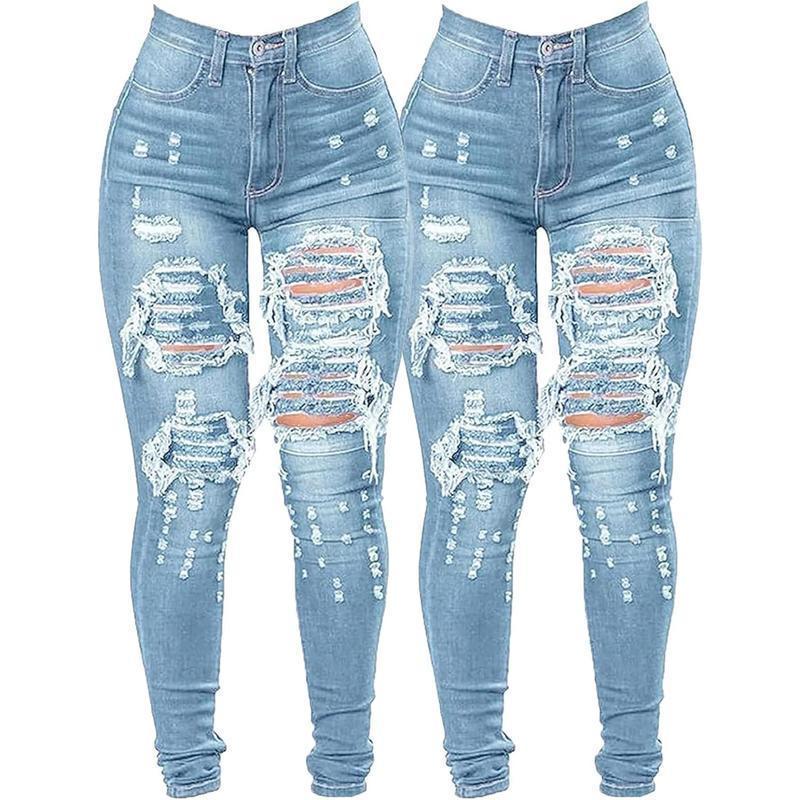 Women's High Waist Plus Size Destroyed Jeans Slim Skinny Ripped Trousers Stretch Denim Pants