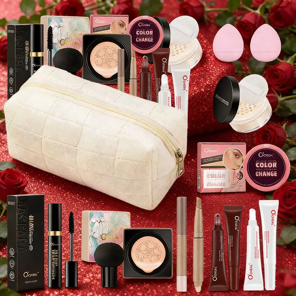 11 Pcs Makeup Set Cosmetics Kit Makeup Bundle Box in White Cosmetic Bag Beauty Set | Cushion CC Cream, Powder, Stamp Eyeliner, Contour Stick, Blush, Lip Gloss & Lip Oil | Complete Makeup Kit for Beginners, Travel, Valentine's/Birthday Gifts for Her