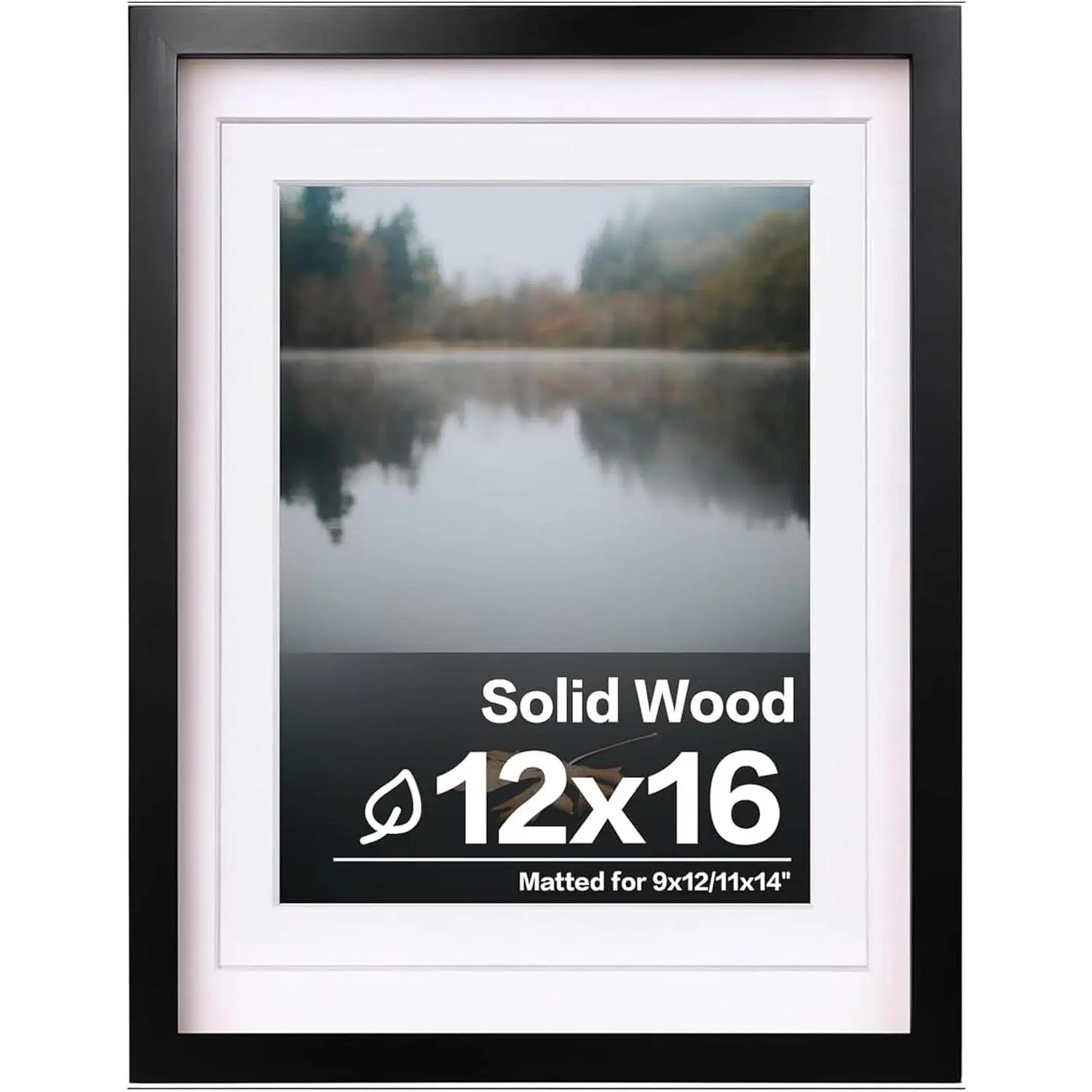 12x16 Black Solid Wood Picture Frame with Plexiglass, Displays 9x12 and 11x14 with Mat or 12x16 Without Mat, Wall Mounting Photo FrameGift