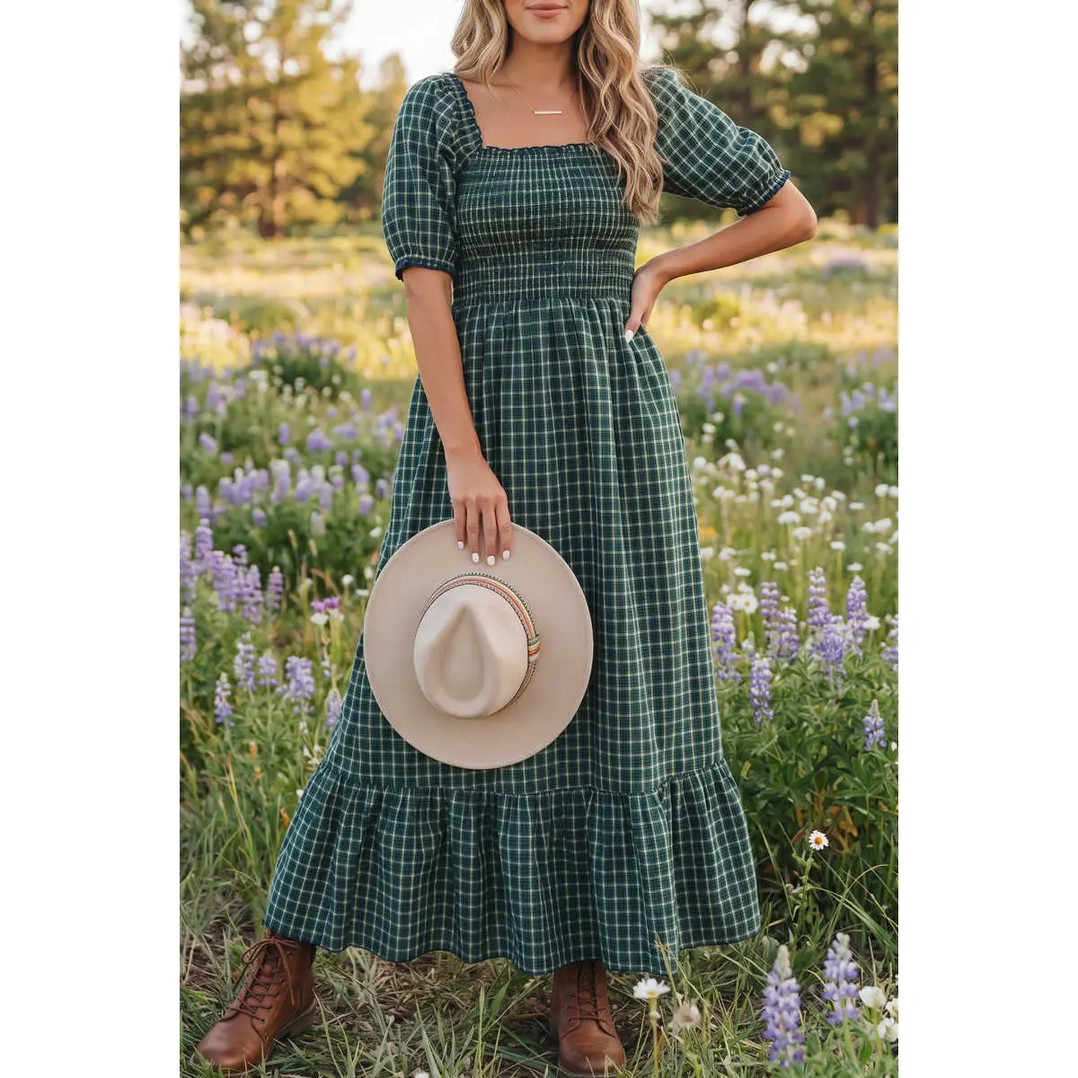 Green Plaid Square Neck Shirred High Waist Ruffle Hem Dress