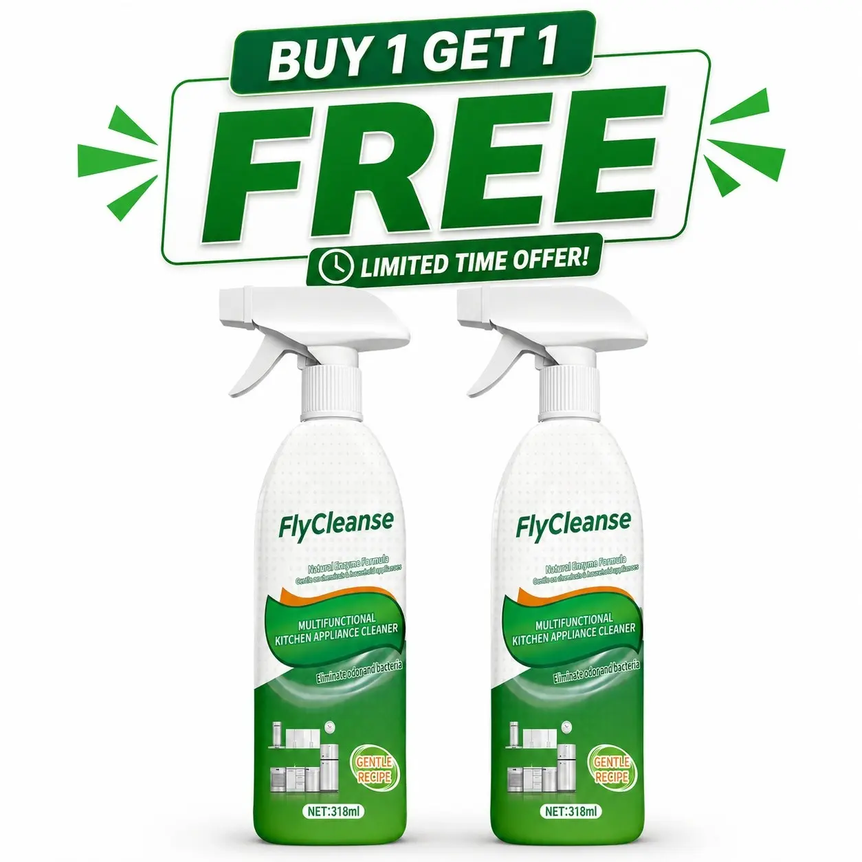 Buy 1 Get 1 Flycleanse Natural Enzyme Kitchen Cleaner Spray, Multi Functional Cleaner, Quick Oil and Mold Removal, 318ML Bottle, 24-Month Shelf Life