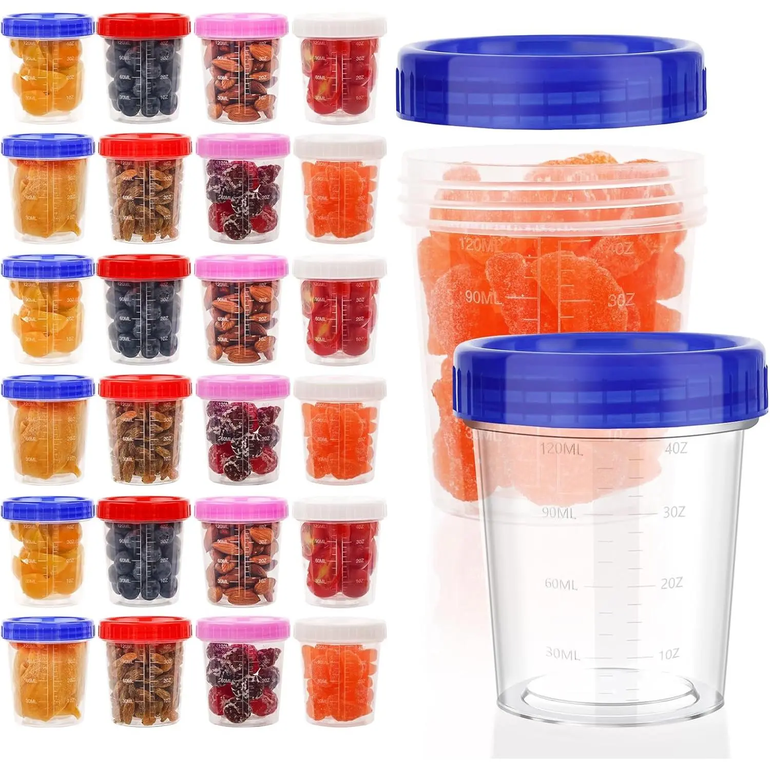 24 Pack (Transparent Cylindrical) 4oz Plastic Kitchen Freezer Storage Containers with Lids - Airtight, Leakproof, Stackable for Meal Prep, Soup & Condiment Cups, Transparent 24P