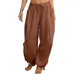 Women's Linen Balloon Barrel Beach Pants Boho Harem Flowy Drawstring Casual Loose Pants with Pockets