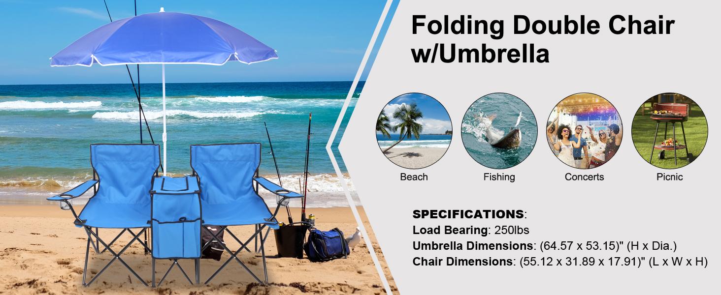 Outvita Folding Double Camping Chair w/Umbrella Beverage Holder Carrying Bag Cooler Fold Up Table, Large Bearing Capacity for Beach Patio Pool Park Outdoor Blue