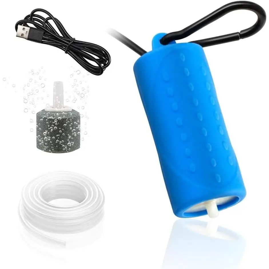 USB Mini Aquarium Air Pump Ultra Quiet Fish Tank Oxygen Aerator with Black Hanging Clasp, Portable, Includes Airline Tubing and Air Stone (1W/2W/3W)Gift