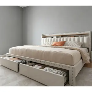 Bed frame for Queen Bed Frame with Headboard&Storage,NO MATTRESS,  Luxury Upholstered Bed Frame with Storage, 2 Drawers & Shelf on Headboard, NO Noise, KING, FULL, Twin, Mother's Day Gifts