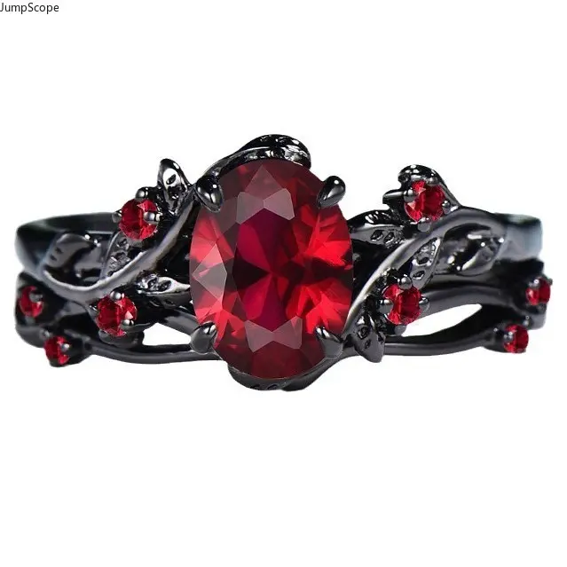 Gothic Twisted Vines Ring for Women, Black-Plated Floral Motif Band with Oval-Cut Ruby, Amethyst & Emerald CZ Gems, Statement Jewelry for Gifting, Cubic Zirconia, Female, Romantic, Twisted Band, Mdf+Steel, Flowers, Elegant, Gothic Aesthetics, Exquisite Tr