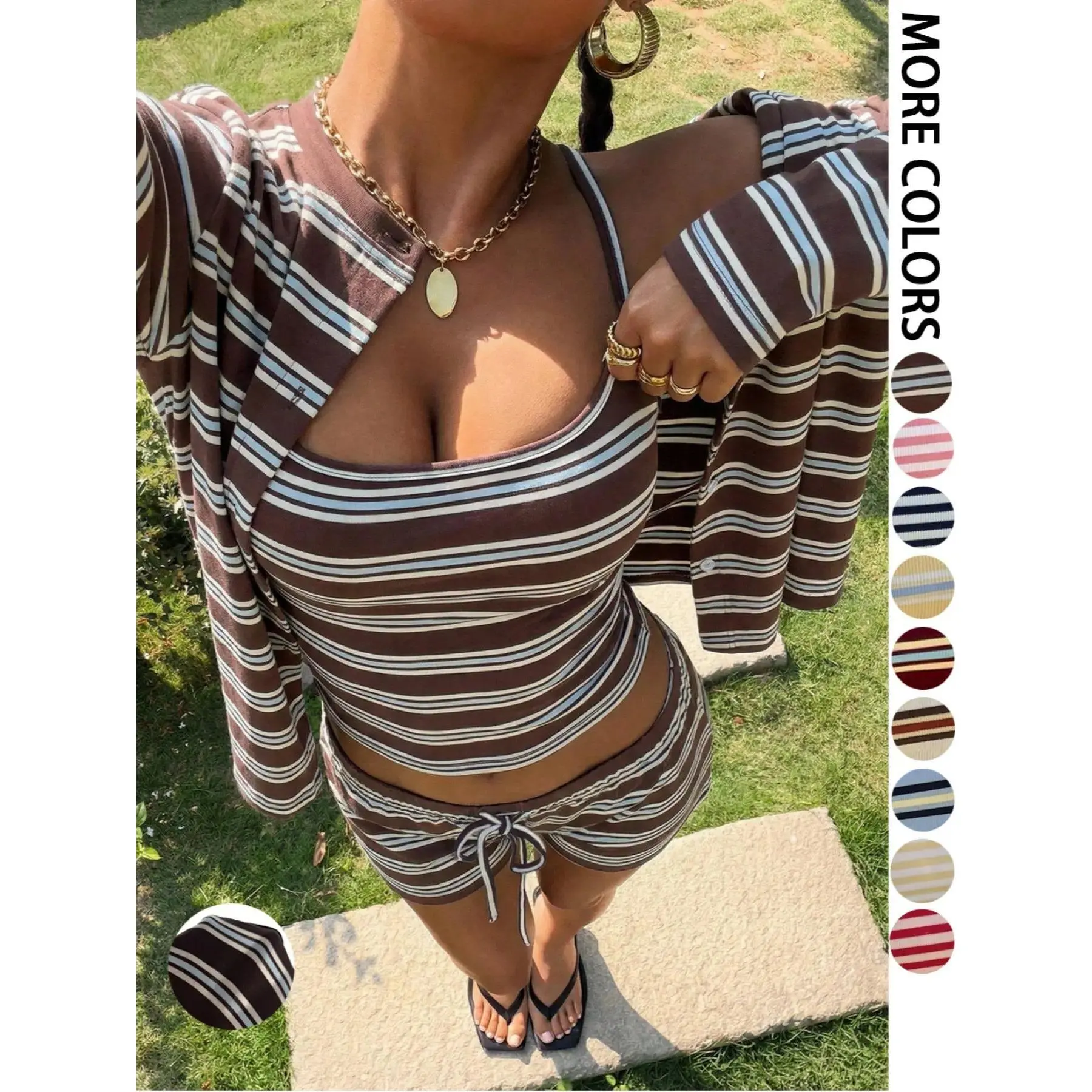 Women Striped Knit Three Piece Outfit, Sleeveless Tank Top + Open Jacket + Casual Shorts Set, Millennial Sweet Streetwear Lounge Matching Ensemble for Daily Outdoor Wear