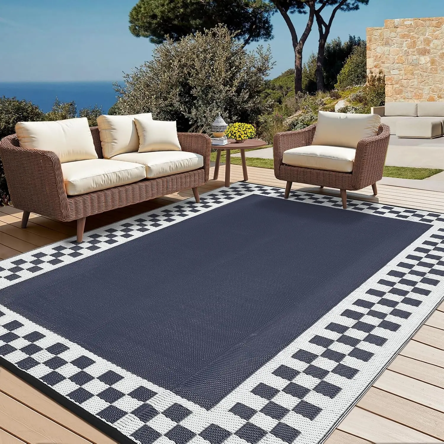 Modern Checkered Indoor-Outdoor Rug - Waterproof, Bordered, Reversible, Foldable, Lightweight Plastic Straw Carpet, Checkerboard Moisture-Proof Mat, Protective Moisture-Proof Mat for Deck, Picnic, Balcony, Navy, Checkerboard Moisture-Proof Mats, Protectiv